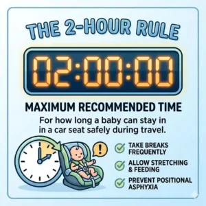 Infographic explaining the two-hour rule for how long a baby can stay in a car seat safely.