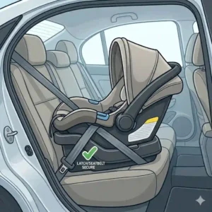 Proper vehicle installation setup of the best budget infant car seat under 200 in a rear facing position.