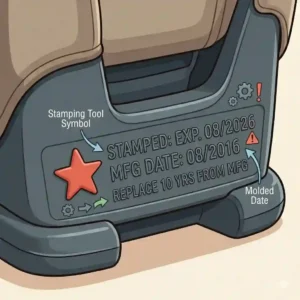 A close-up illustration of a date stamped into plastic, showing an example of car seat expiration date how to check.