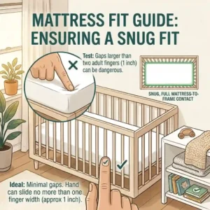 Close-up illustration of a proper crib mattress fit with zero gaps between the mattress and frame, highlighting essential safety standards to look for.