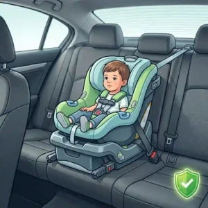 A forward-facing toddler seat in the center back seat, maintaining the safest position for car seat in vehicle.