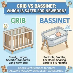 A firm, clean sleep environment inside a traditional crib, showing key safety features to address crib vs bassinet which is safer for newborn.