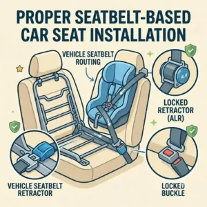 This diagram shows proper seatbelt use for a car seat, a key part of determining LATCH vs seatbelt installation which is safer.