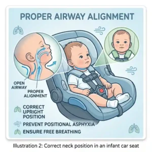 Illustration showing the correct upright position to prevent positional asphyxia in an infant car seat.