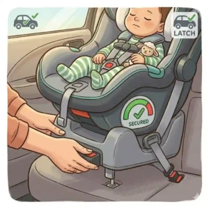Close up of hands securely installing the base using LATCH system for the best car seat for long road trips baby.