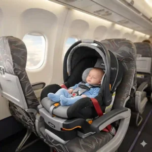 A mother easily carrying the lightweight best car seat for airplane travel infant through a busy airport terminal.