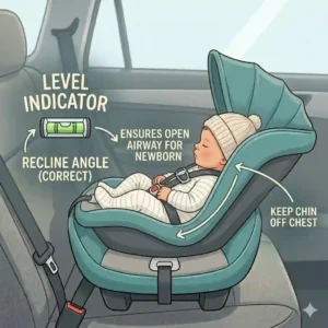 Diagram showing the correct recline angle for an infant car seat to explain car seat safety tips for newborn parents.
