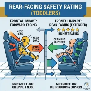 Educational diagram showing why the safest car seat brands crash test ratings favor rear-facing positions