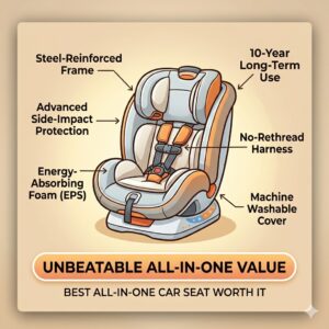An illustrated guide pointing out the side-impact protection and steel frame that make a high-quality model the best all in one car seat worth it.