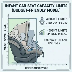An informative chart showing the maximum weight and height capacity limits for the best budget infant car seat under 200.