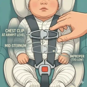 Close-up graphic showing proper chest clip alignment at armpit level for vital car seat safety tips for newborn parents.