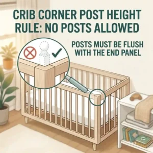 Diagram explaining baby crib safety standards for corner posts, showing posts that are flush with the end panels to prevent clothing entanglement.
