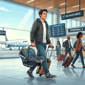 A compact foldable version of the best lightweight car seat for travel being placed into an aircraft overhead bin.