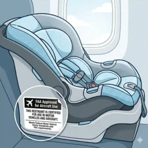Step-by-step graphic showing how to thread an aircraft lap belt through the belt path of the best car seat for airplane travel infant.