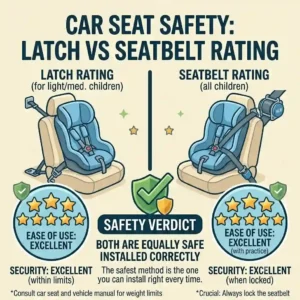 A comparative infographic providing an overall safety verdict on LATCH vs seatbelt installation which is safer, highlighting both methods as safe.