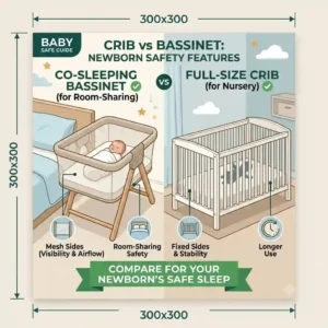 A baby monitor next to a mesh-sided bedside bassinet, demonstrating room-sharing benefits to understand crib vs bassinet which is safer for newborn.