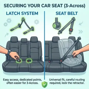 An infographic comparing LATCH and seat belt installation methods within the safest position for car seat in vehicle.