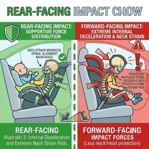 This rear facing vs forward facing safety comparison chart shows the risks of internal deceleration and neck strain.