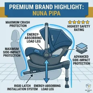 A premium Nuna model representing the safest car seat brands crash test ratings in the infant category.