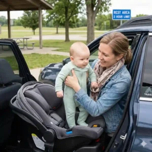 A parent removing a baby from a car seat for a stretch break during a long road trip.