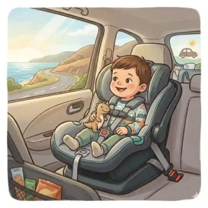Close up of hands securely installing the base using LATCH system for the best car seat for long road trips baby.