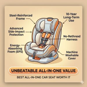 An infographic detailing the extended rear-facing weight and height limits that contribute to making this the best all in one car seat worth it.