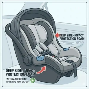 A close up look at the deep foam and side impact safety protection features of the best budget infant car seat under 200.
