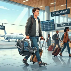 A traveler using convenient backpack straps to easily carry the best lightweight car seat for travel.