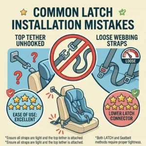 An illustration of common errors made during LATCH installation, a critical factor when assessing LATCH vs seatbelt installation which is safer.