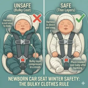 Visual comparison of safe thin clothing versus dangerous bulky coats for key car seat safety tips for newborn parents.