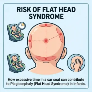 Illustration showing how excessive time in a car seat can contribute to flat head syndrome (plagiocephaly) in infants.