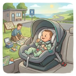 A parent setting up a picnic at a scenic rest stop next to a vehicle holding the best car seat for long road trips baby.