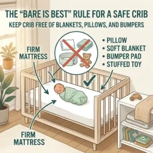 Illustration of a safe baby crib interior with an empty sleep space containing only a firm mattress and fitted sheet, following pediatrician safety guidelines.