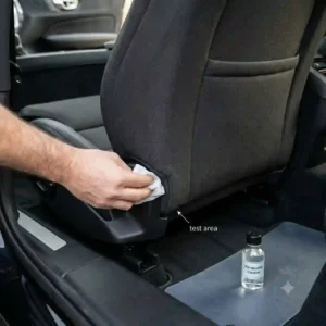 Performing a hidden chemical spot test on the upholstery fabric as a crucial step for how to clean car seat safely without damage.