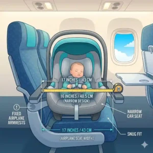 A convenient airport travel system showing a stroller frame attached to the best car seat for airplane travel infant.