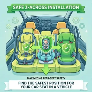 Three car seats installed side-by-side in the rear, maximizing the safest position for car seat in vehicle for multiple children.