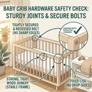 Illustration of a parent checking baby crib hardware, emphasizing sturdy fixed sides and secure locking bolts for optimal safety.