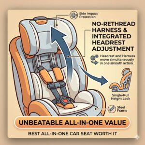 An illustration demonstrating the easy no-rethread harness adjustment feature found on the best all in one car seat worth it.