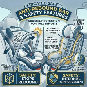 Anti-rebound bar details on the best car seat for tall babies comfort and safety.