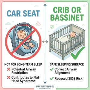 Comparison graphic highlighting why a car seat is not a safe substitute for a crib or bassinet for long-term sleep.