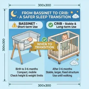 An illustration showing an older baby being moved into a sturdy full-size crib, part of the transition plan in understanding crib vs bassinet which is safer for newborn.