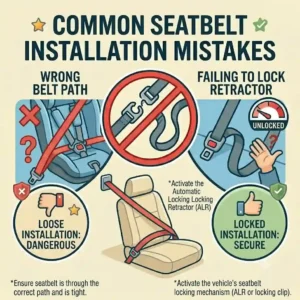 This diagram highlights standard seatbelt installation mistakes, illustrating risks related to LATCH vs seatbelt installation which is safer.