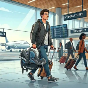 A parent quickly securing the best lightweight car seat for travel into the backseat of a city taxi cab.