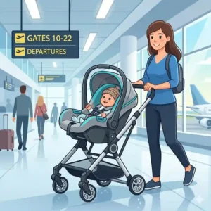 Graphic showing the narrow width dimensions of the best car seat for airplane travel infant fitting onto a standard airline seat.