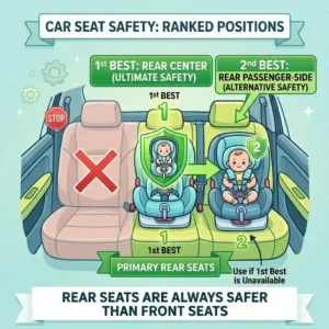 A diagram showing the passenger-side seat as the recommended alternative to the primary safest position for car seat in vehicle.