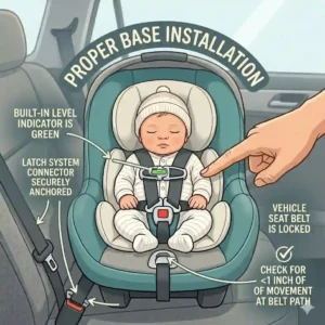 An educational guide to secure base installation using the LATCH system for important car seat safety tips for newborn parents.
