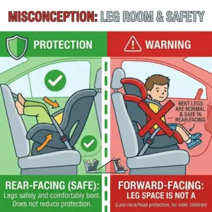 Addressing myths in a rear facing vs forward facing safety comparison regarding child leg room and seating comfort.
