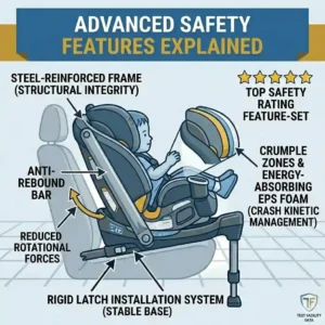 Infographic highlighting advanced safety features of the safest car seat brands crash test ratings winners.