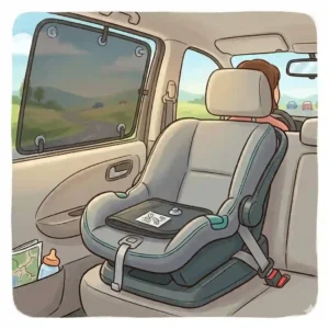 A car window sun shade blocking bright UV light next to the best car seat for long road trips baby.