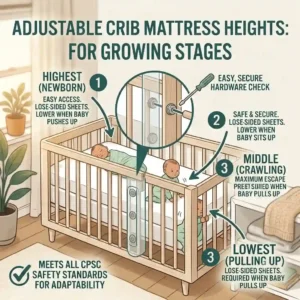 Illustration demonstrating adjustable crib mattress heights for different growth stages to prevent a baby from climbing out.